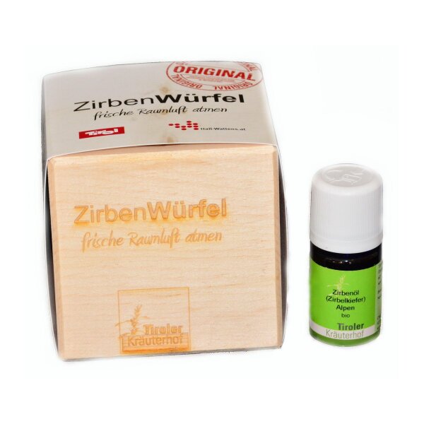 Original Zirbenw&uuml;rfel mit Zirbensp&auml;nen und hochwertigem &auml;therischem Zirben&ouml;l (10ml)