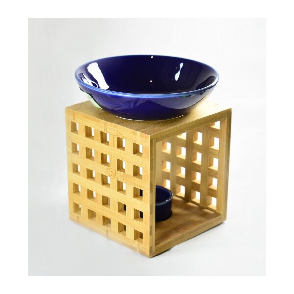 Duftlampe Holzuntersatz, Gittermuster, eckig 3teilig, Schale blau, Fair Trade GA
