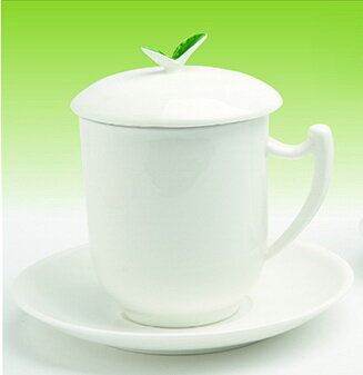 Porzellan Kr&auml;utertee-Tasse mit Untertasse und Edelstahlfilter, wei&szlig;, Teeblattdekor