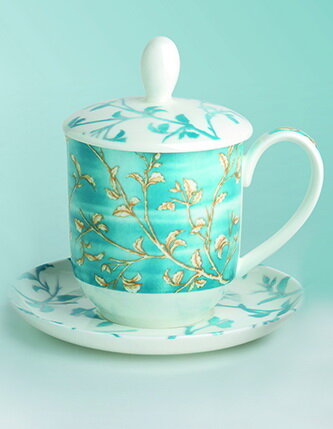 Porzellan Tee-Tasse mit Untertasse und Edelstahlfilter, blau, Goldzweige Dekor