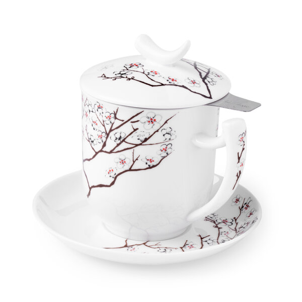 Porzellan Tee-Tasse "Kirschbl&uuml;te" mit Untertasse und Edelstahlfilter