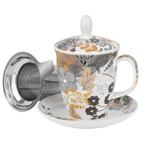 Porzellan Tee-Tasse "Bl&uuml;tentraum" mit Untertasse und Edelstahlfilter
