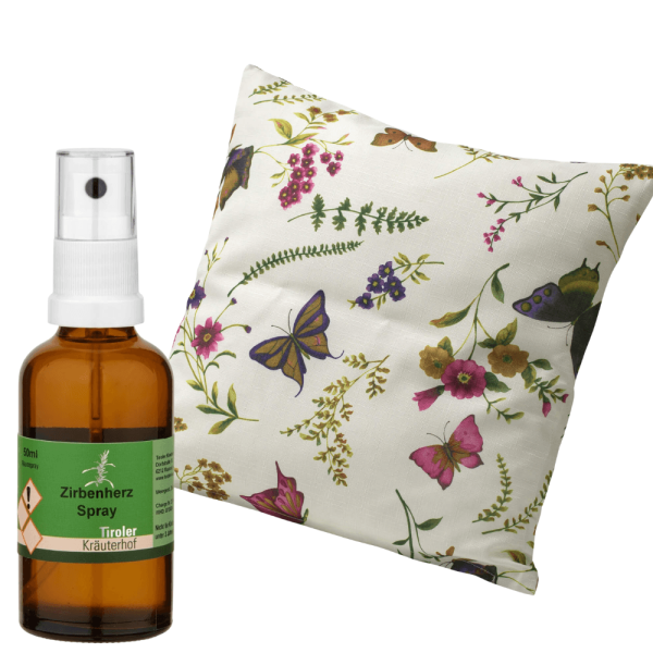 Zirbenkissen "Schmetterlingswiese" im Set mit Zirbenherz-Spray 50 ml