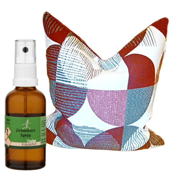 Zirbenkissen "Kreismuster Modern Bordeaux" im Set mit Zirbenherz-Spray 50 ml