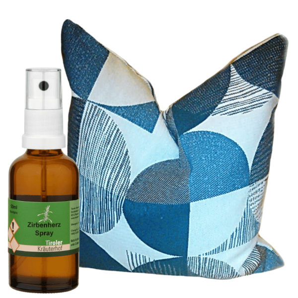 Zirbenkissen "Kreismuster Modern Petrol" im Set mit Zirbenherz-Spray 50 ml
